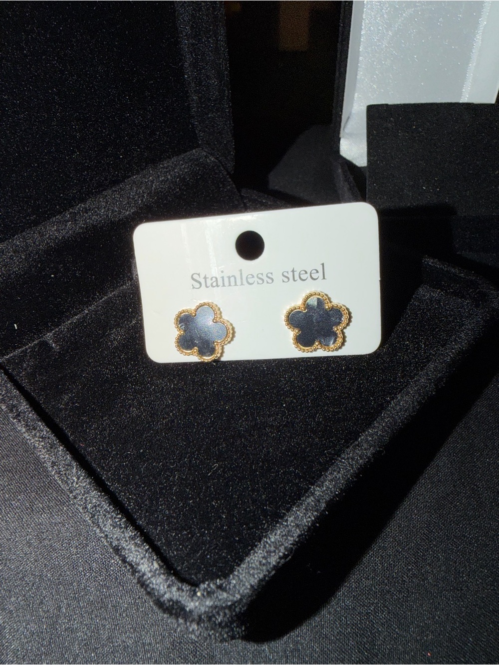 Stainless Steel Gold-Trim Black Clover Stud Earrings
